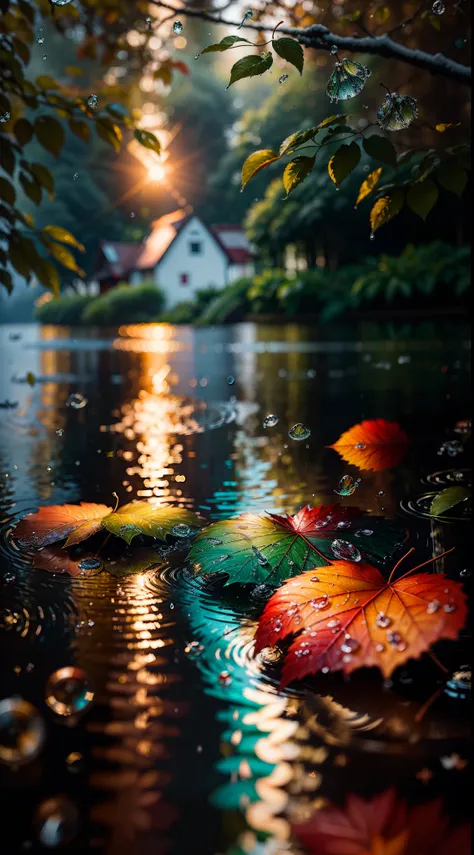 Picture of leaves and raindrops, Romantic landscape style, canon eos 5d mark iv, Sunny impressionism, Traditional Vietnamese, sparkling water reflections, high-quality photo, Stock Photo - AR 2:3 --v 5