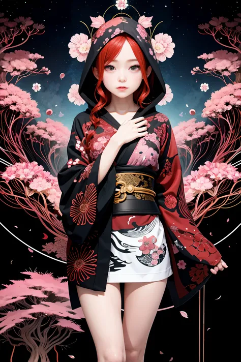 1girl,(red_hair:1.1),(zentangle, mandala, tangle, entangle:0.6),(fractal art),the most beautiful form of chaos,brutalist designed, the most beautiful and highly detailed Harajuku-inspired hooded kimono, cherry blossoms blowing in the wind, enchanted, aesth...