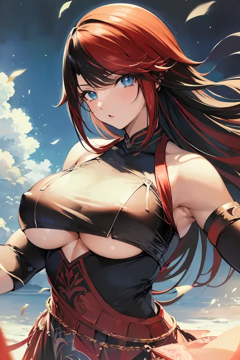 Rene ryugasaki, (highest quality, highest quality, official art, beautiful and aesthetic:1.2), (1 girl:1.3), very detailed,most detailed, (dynamic pose), (traditional dress:1.2), (shiny skin), Upper body, underboob, puffy nipples, public indecency