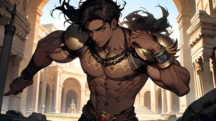 Muscular gladiator, upper body revealed, legs uncovered from thighs to feet, intricate muscular details, dark skin, short black hair, ready to attack, photorealistic artwork, 4K resolution. Background: Ancient Roman arena,32k uhd, best quality, masterpiece...