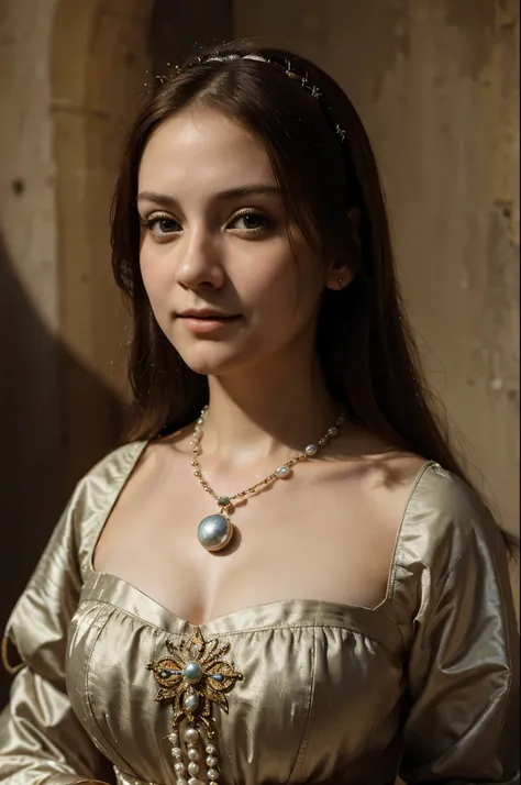 an oil painting，da vinci art style。Portrait of a beautiful maiden，with a round face，ssmile：1.37，Beautiful medieval clothing，pearls necklace，Artistic creativity:1.37,Oil brush strokes，Oil painting texture，Light and shadow composition