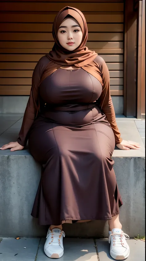 there is a woman sitting down with a longest brown hijab, bbwchan, thicc, brown hijab outfit, brown hijab fashion model, korean ...