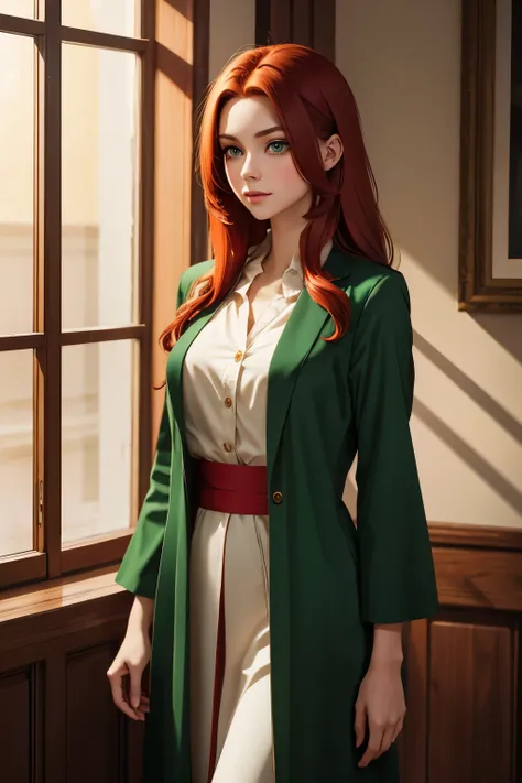 red middle length hair girl with green eyes in fine clothes