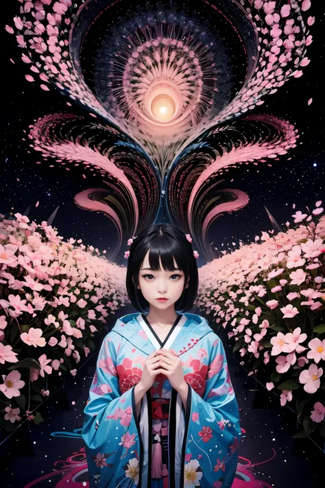 1girl,(black_hair:1.1),(zentangle, mandala, tangle, entangle:0.6),(fractal art),the most beautiful form of chaos,brutalist designed, the most beautiful and highly detailed Harajuku-inspired hooded kimono, cherry blossoms blowing in the wind, enchanted, aes...