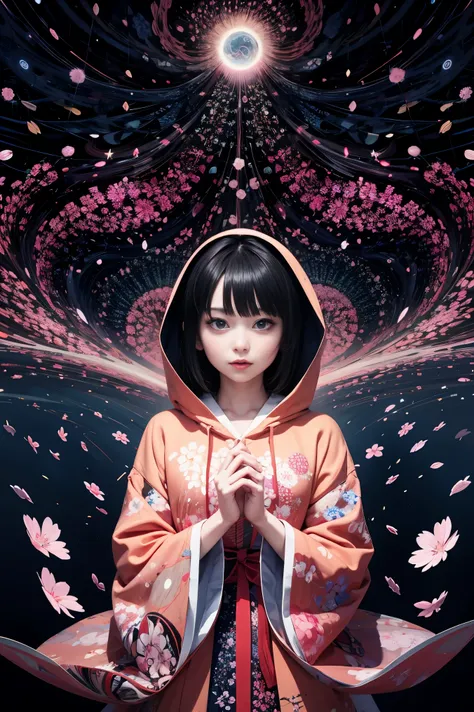 1girl,(black_hair:1.1),(zentangle, mandala, tangle, entangle:0.6),(fractal art),the most beautiful form of chaos,brutalist designed, the most beautiful and highly detailed Harajuku-inspired hooded kimono, cherry blossoms blowing in the wind, enchanted, aes...