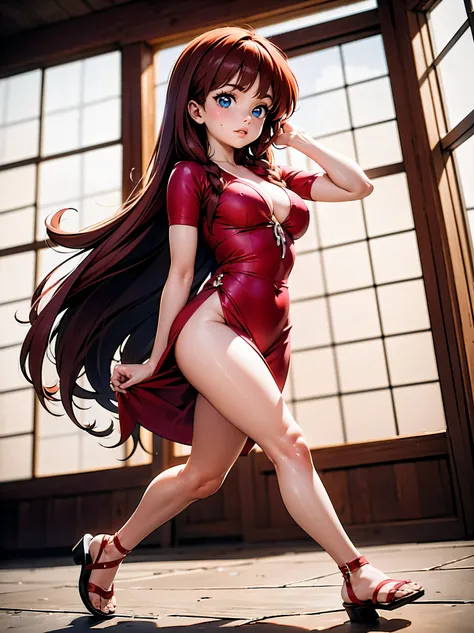 Garota anime ruiva com vestido rosa, com bojo, 16 anos, corpo bonito, seios grandes, with your hands behind your head, running your hands through your hair, garota sexy, red hair with braid, gorgeous lighting, sombras suaves, olhos azuis, pernas bonitas, h...