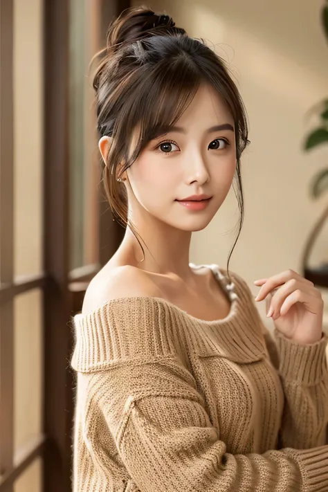 "A realistic depiction of a young woman with a gentle and warm expression.。. She has a soft, Casual ponytail with shoulder-length hair pulled to one side. women wear comfortable clothes, A loose sweater that falls elegantly off the shoulders, Propose a rel...