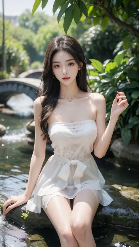 Sweet girl clothes4,strapless dress,jewelry, (masterpiece, best quality:1.2), 1girl, solo, In the depths of Wonderland，The moonlight falls like water，foggy room，The figure of the heroine is vaguely visible，Just like the fairy in the painting，Slender sexy l...