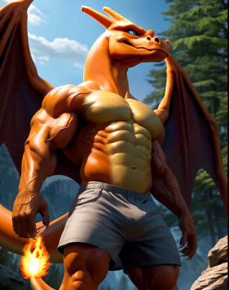 Humanity, Charizard, male, aldult, muscular, veiny muscles, shorts, Shirtless, looking at the audience, actual fur, Detailed background, wilderness background, actual, photoactual, ultra actual, 8k,