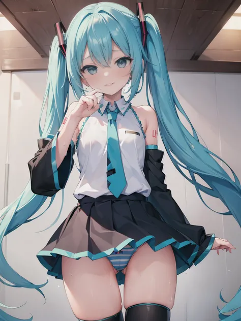 (((best quality, masterpiece, high resolution, ultra detailed:1.5))), 1 girl, ((hatsune miku)), (12 years old, cute girl, pretty girl), (teal twintalls, teal long twintall) BREAK (solid white blouse, solid white sleeveless clothe), BREAK (black independent...