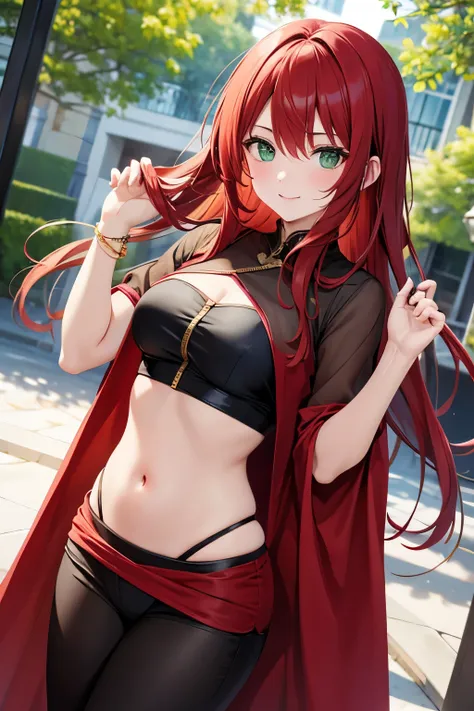 red middle length hair girl with green eyes in fine clothes