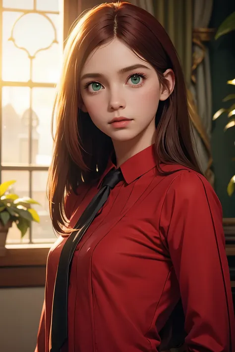 red middle length hair girl with green eyes in fine clothes