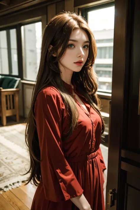 red middle length hair girl with green eyes in fine clothes