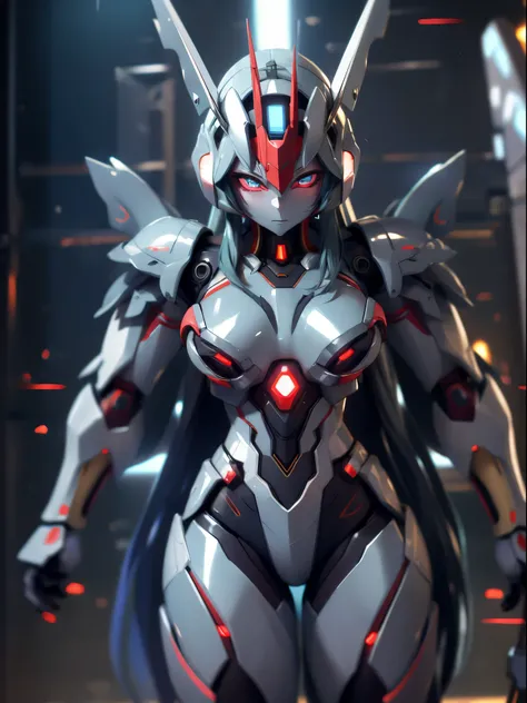 8K，masterpiece:1.0，absurdres，high quality,extremely detailed，(1 robot)(female),(Iron body:1.7),(machine eyeshade),(machine arms),(machine legs)，(silver skin)(shiny skin:1.8),(bright light),(Mobile Suit),(Female type Gundam),(Full ramor weapons)