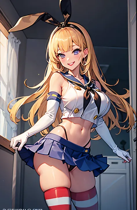 shimacos, crop top, thighhighs, elbow gloves, microskirt. For the panties you can use black panties, highleg panties, cameltoe,, ultra detailed, masterpiece, best quality, aesthetic, detailed,, solo, seductive smile, red lips,
1girl, purple eyes, blonde ha...