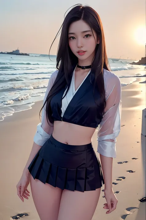 masterpiece, best quality, realistic, ultra-detailed, detailed,1 girl,(asian,idol,solo,collar,thin waist, small size breases,long hair, brown hair, beautiful thighs)(kimono, pleated skirt, kimono, Outerwear, Stocking,Shirt.) at the beach club,(PureErosFace...