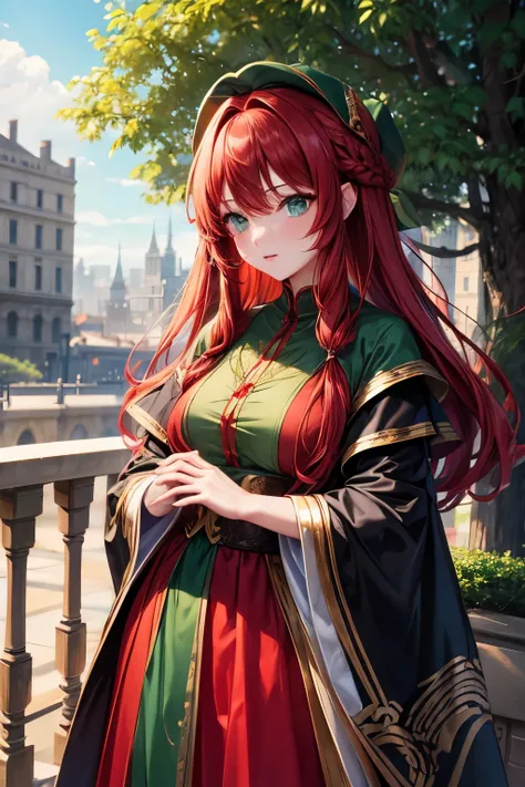 red middle length hair girl with green eyes in fine clothes