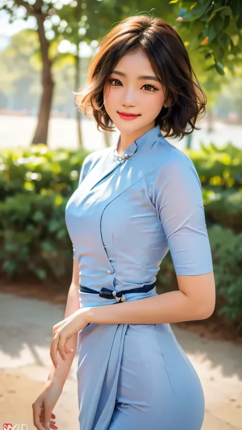 Best Quality, Ultra High Definition, (Photorealistic:1.4),Sunset Light, Burmese girl, Detailed Photo, Smiling, Facing Camera, (Masterpiece: 1.3), (8K, Photorealistic, Best Quality: 1.4), (1girl), Beautiful Face, (Realistic Face), (Black Hair, Short Hair: 1...