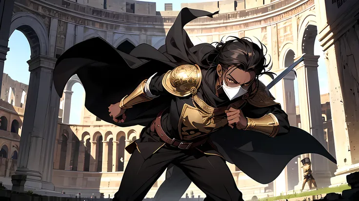 thin young man, dark skin wearing mask, V-shaped vendetta wears a golden mask, attack with sword, in a center of colloseum arena, gladiator, long black hair tied up, dodging attack, swords in action