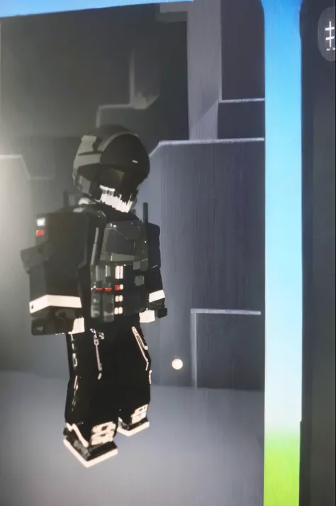 There is a Lego character standing in front of the screen, Wearing a dark space mercenary outfit, Wearing tech suit and armor, Invisibility suit, Comes with futuristic gear and helmet, Futuristic clothing and helmets, Soldier suit, Wear a space tech costum...