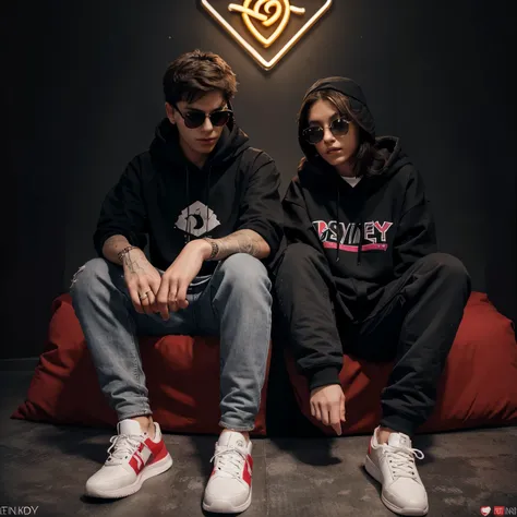 create a 3d realistic illusion image a 20 year old boy and girl in a black hoodie and sitting comfortably on the king’s throne wearing sneakers and sunglasses. the boy is proposing with a rose “Happy Rose Day” is written in yellow and red neon lights in th...