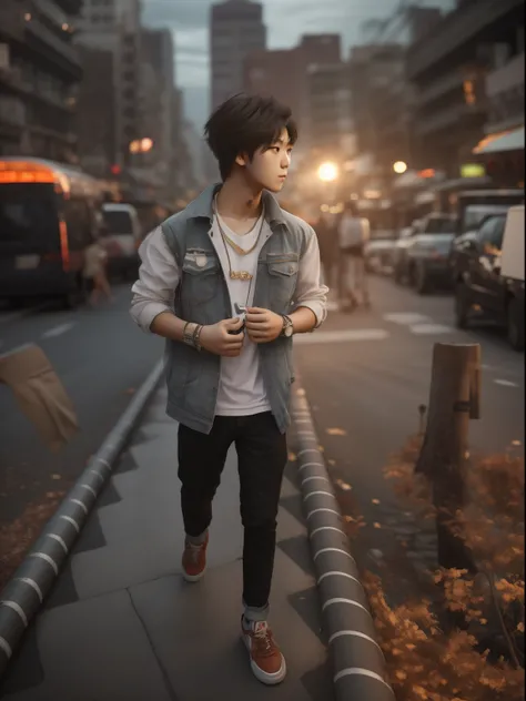 RAW photo, a portrait photo of 21 y.o man in casual clothes, night, city street, (high detailed skin:1.2), 8k uhd, dslr, soft lighting, high quality, film grain, Fujifilm XT3