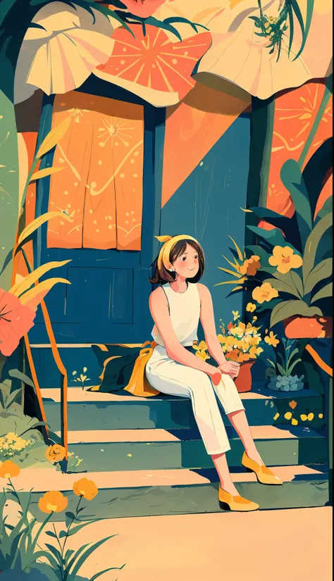 1 girl, solo, stairs, long hair, brown hair, plant, shirt, bird, sleeveless shirt, yellow footwear, sleeveless, sitting, white trousers, skirt, flower, smile, white skirt, orange footwear, leaves, black eyes, wide shot, shoe, pink flower, trousers, blush, ...