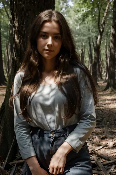 (front view,full body,long-haired brunette aged 31,leaning against a tree in a forest,sunlight filtering through her hair,very detailed,innocent face,natural wavy hair,charcoal drawing,charcoal medium)