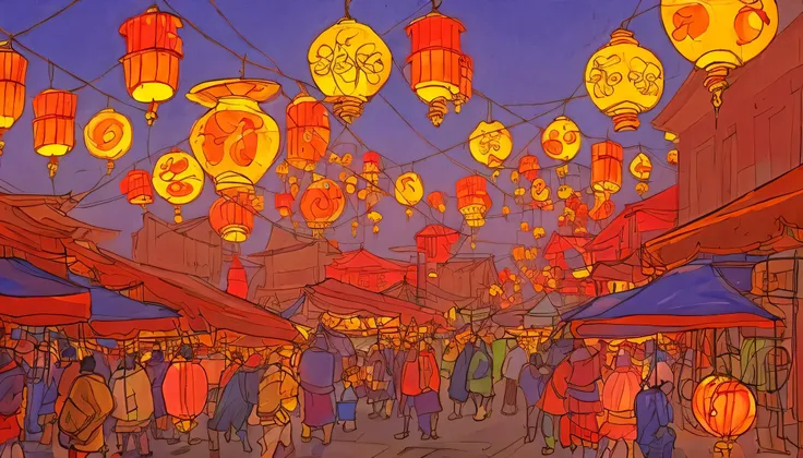 The sky is full of lanterns，Blurry and dreamy illustration，night, Random background scene, warm color scheme art rendition, market, new year，new year气氛，lion dance，