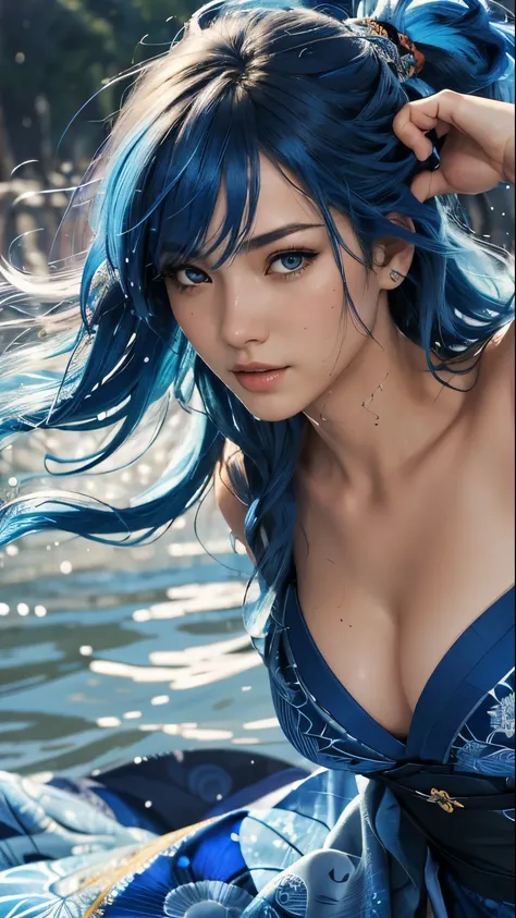 (best quality, masterpiece, colorful, dynamic angle, highest detailed)full body photo, ull body photo epic realistic, (close up), 1girl, floating blue_hair, long hair, (water:0.7), waterdrop, wet, holding_katana, blue_kimono with intricate pattern, ultra d...