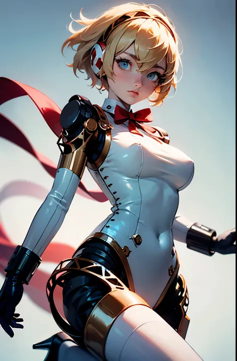 ((masterpiece)), dynamic angle, robotic aesthetic, aegis, gloves, red ribbon, black high heels,  mechanical hairband, FernFrieren, hair,  eyes, ( pupils), looking down, straight-on, expressionless, arms apart, standing ready for battle, looking at viewer, ...