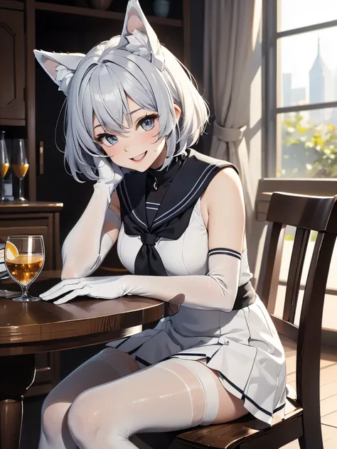 table top　High level image quality　best image quality　8K　 adult woman　full body portrait　white long gloves　white pantyhose　sailor suit（sleeveless）　mini skirt　White wolf ears　short hair（（shortcut）（gray hair）（perm）（fluffy））　eye color is blue　Face seducing（（l...