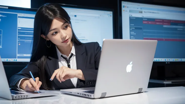 businesswoman is working in front of a laptop, there is a zodiac sign