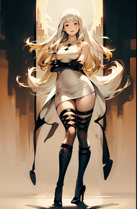 airy, bravely default, black gloves, high heels,  FernFrieren, very long hair, yellow eyes, (gold pupils), looking down, straight-on, expressionless, crossed arms, standing, looking at viewer, large breasts,, ultra detailed, masterpiece, best quality, aest...