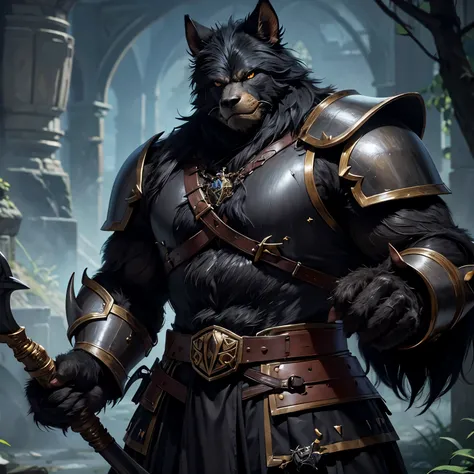 Large black furred bugbear goblin cleric, muscular, handsome, armour, magic