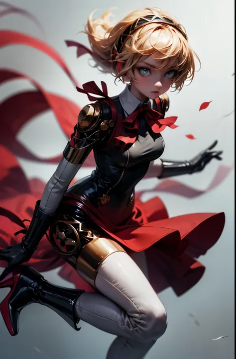 ((masterpiece)), dynamic angle, robotic aesthetic, aegis, gloves, red ribbon, black high heels,  mechanical hairband, fernfriere...