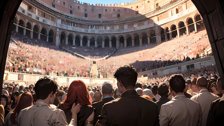 Roman colosseum filled with cheering crowd.,32k uhd, best quality, masterpiece, super detail, high details, medieval times, crowded cheering, gladiator