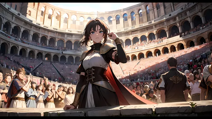 Roman colosseum filled with cheering crowd.,32k uhd, best quality, masterpiece, super detail, high details, medieval times, crowded cheering, gladiator