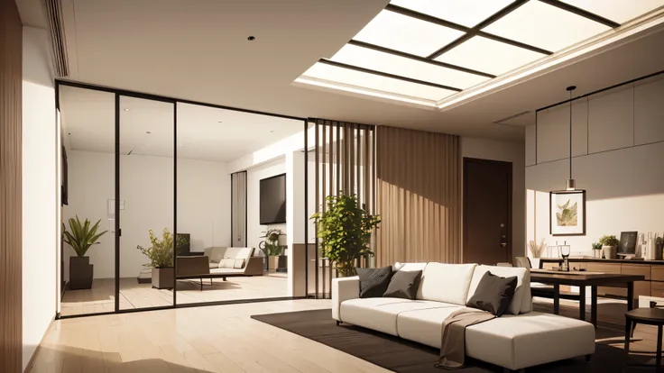 You are a famous interior designer、You have been asked to create a 3D image of a modern large room. Create a harmonious environment with modern and minimalist furniture. Including garden interior.