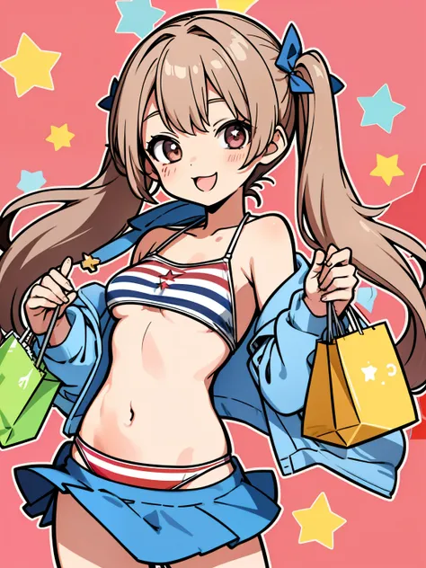 masterpiece, best quality, ultra detailed, 1 girl, flat color, cel shading, solid outline, ultra detailed face, :p, brown short low twintails hair with bangs, wearing stars and stripes flag bikini with jacket, underboob, shopping street in dusk