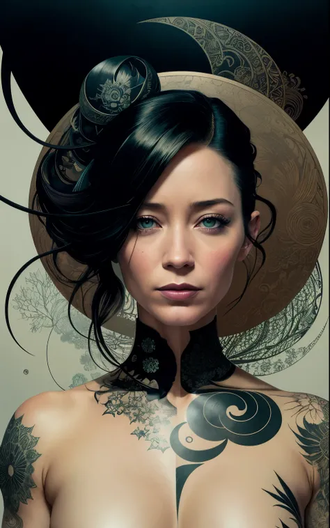 (Emily blunt:Evangeline Lilly) is a beautiful charming pirate carved out of dark smoke, dressed as a pirate in black, circular colored smoke, waves of shadows at night, abstract skull ornaments, soft colors, flat 4d street art in the style of adrian ghenie...