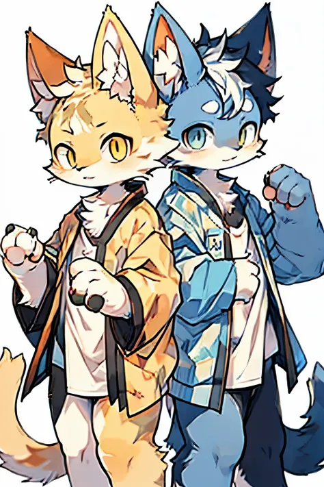  two Anthro cat drawing together, one cat focusing drawing in the paper and the other one focus drawing on digital device in 2D japanese furry art style, simple detailed
