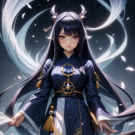 Young woman, beautiful, (indigo hair, Long hair hime-cut), ((white eyes)), Genshin Hutao style clothes, prayer, Wizard,