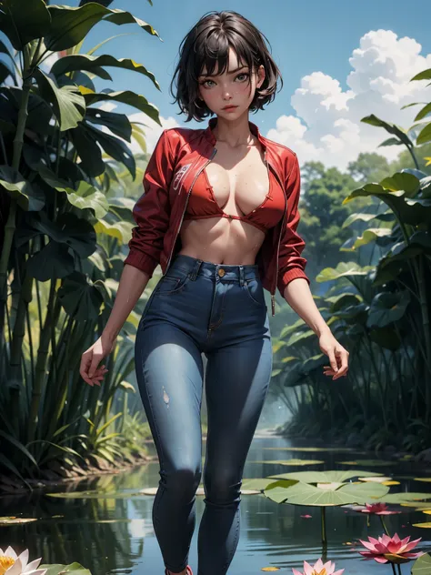 1female,3 years old,bit girl,Big breasts Thin waist,long leges,Pornographic exposure, 独奏,(Background with:bamboo forrest,lotuses,lotus flower,exteriors,Lotus pond) She has short black hair,Qi bangs,bobo head,standing on your feet,Sweat profusely,drenched a...