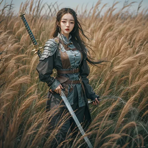 full body photo of a woman with a sword in a field of tall grass, a character portrait, by Yang J, beautiful female soldier, li zixin, dilraba dilmurat, amazing character