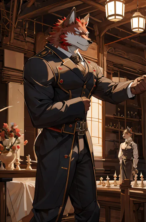 (Red Wolf,male,muscular,suit,chess) implied: a Red Wolf, a muscular male wolf wearing a stylish suit, playing chess on a beautifully crafted chessboard. The wolf has striking fiery red fur and piercing yellow eyes，Exuding strength and wisdom. It&#39;s tall...