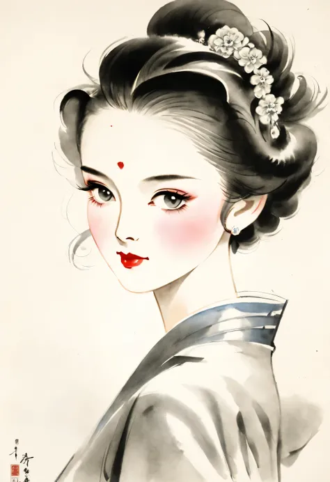 Chinese ink portraits of beautiful women in the 1930s, Movie lights with 1930s hairstyle, Fashion, Overhead light, close up, close up, spotlight, hazy, Chen Jialeng, Mu Xia, gorgeous clothes, line art, ink painting,