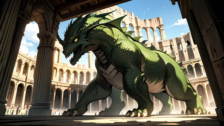 green dragon, menacing, in a cage, center colloseum, medieval times, ferocious, large body