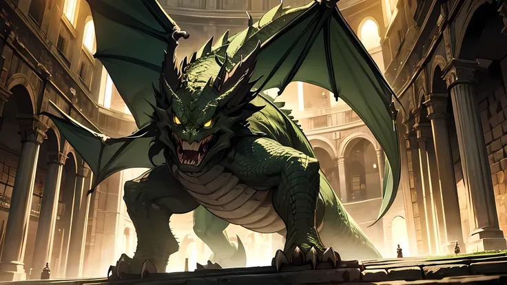 green dragon, menacing, in a cage, center colloseum, medieval times, ferocious, large body