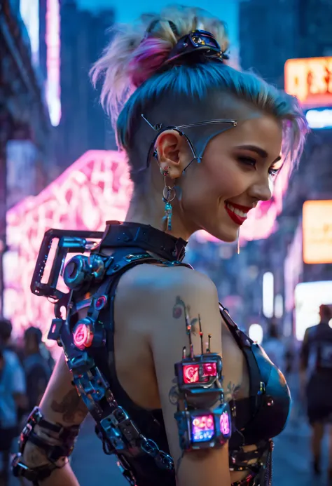 masterpiece, best quality, ((smiling)) cyberpunk girls standing, sunglasses, side view, Harajuku-inspired cyberpunk body harness, bold colors and patterns, eye-catching accessories, trendy and innovative hairstyle, dazzling Cyberpunk cityscape, skyscrapers...